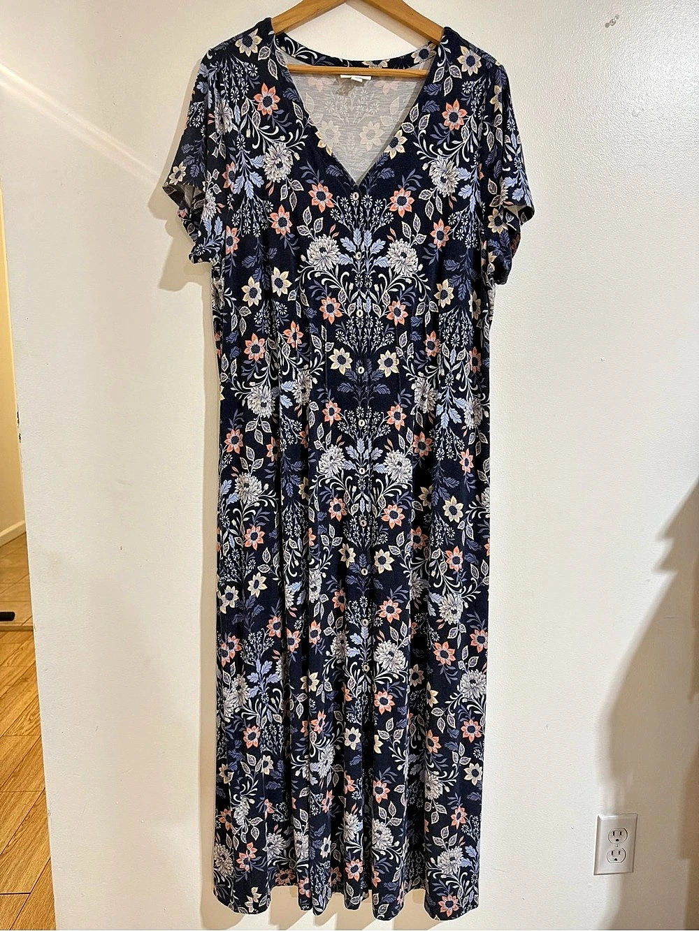 J. Jill XL Tall Navy Floral Button Front Jersey Knit Maxi Dress